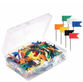Colorful Flag push ins and map marker in a transparent plastic box long needlethumbtac