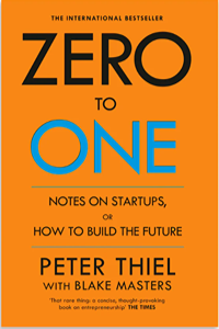> Book cover of "Zero to One" by Peter Thiel, featuring a bright orange background with bold text for the title. >
